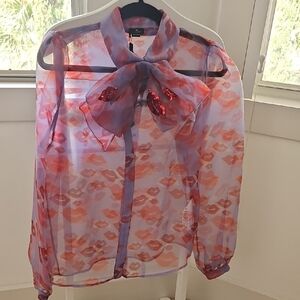 Stylish Sheer Lip Print Blouse with Removable Bow